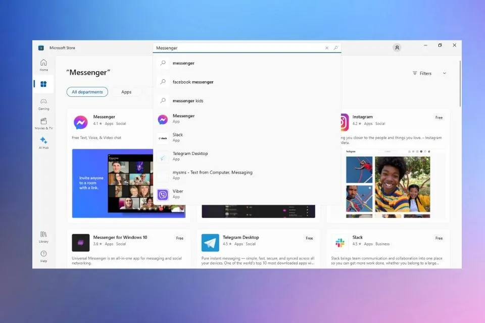 Tìm kiếm ứng dụng Messenger trong Microsoft Store để chuẩn bị tải về máy tính.