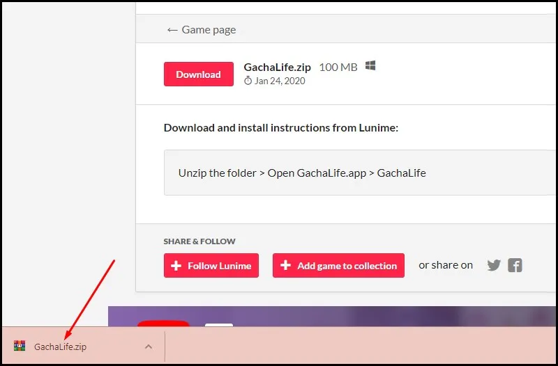 File Gacha Life dạng .zip đã được tải xuống máy tính, sẵn sàng cho bước giải nén