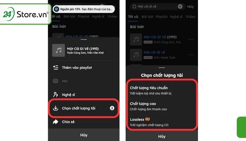Tùy chọn chất lượng tải nhạc MP3 trên giao diện máy tính