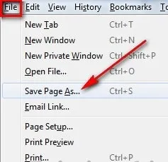 Menu File và tùy chọn Save Page As trong trình duyệt Firefox để lưu trang web hoàn chỉnh