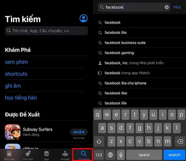 Tìm kiếm ứng dụng Facebook trên App Store