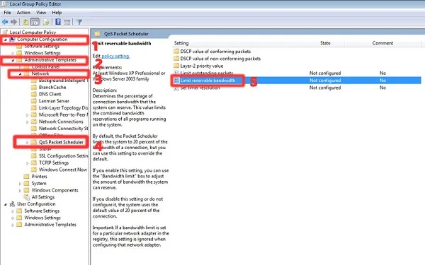 Giao diện Group Policy Editor trong Windows, đang thiết lập Limit reservable bandwidth về 0% để tăng tốc độ wifi trên máy tính.