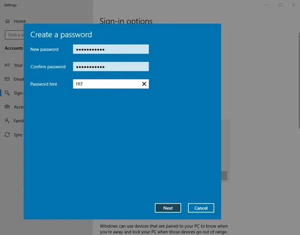 Giao diện Sign-in options trong Settings khi tạo mật khẩu hoặc thiết lập Picture Password trên Windows 10