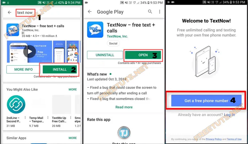 Bắt đầu quy trình đăng ký TextNow, chọn Get a free phone number.