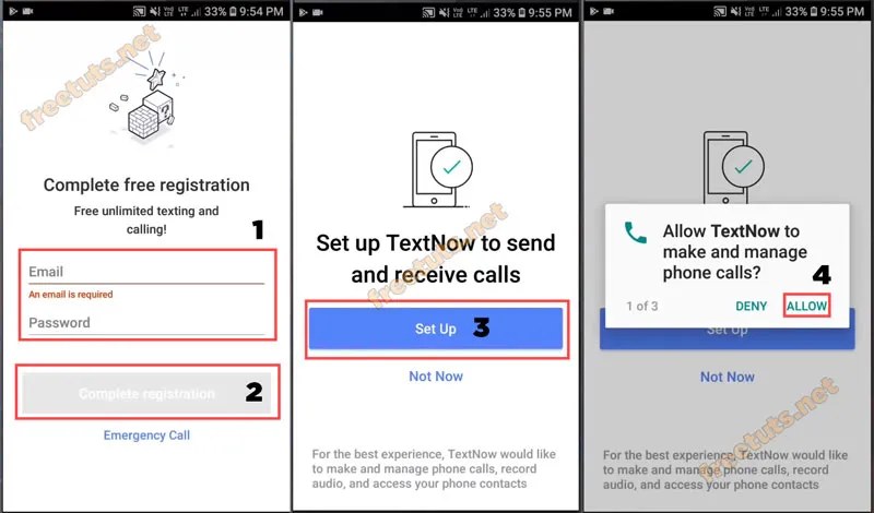 Hoàn tất đăng ký tài khoản TextNow bằng email và mật khẩu.