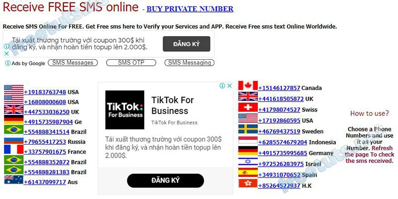 Giao diện dịch vụ Receive Free SMS Online, một cách tạo số điện thoại trên máy tính.