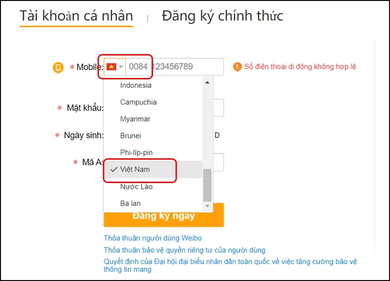 Hình ảnh minh họa bước chọn mã vùng quốc tế Việt Nam (0084 hoặc +84) khi thực hiện đăng ký tài khoản weibo trên máy tính.