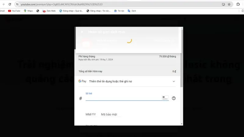 Nhập thông tin thanh toán để đăng ký Youtube Premium