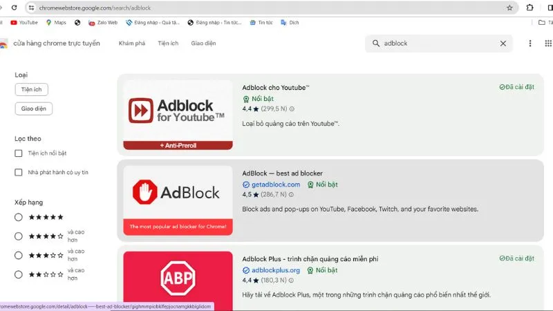 Tìm kiếm Adblock trong Chrome Web Store