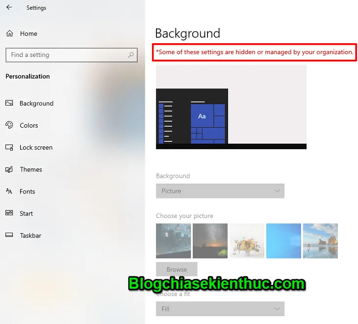 Giao diện Cài đặt Cá nhân hóa (Personalization) bị vô hiệu hóa sau khi áp dụng cách tắt hình nền máy tính