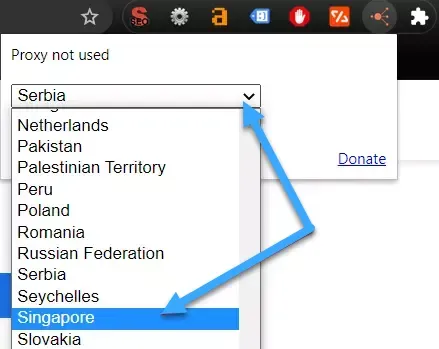 Danh sách các quốc gia máy chủ trong tiện ích mở rộng để người dùng lựa chọn địa điểm kết nối VPN