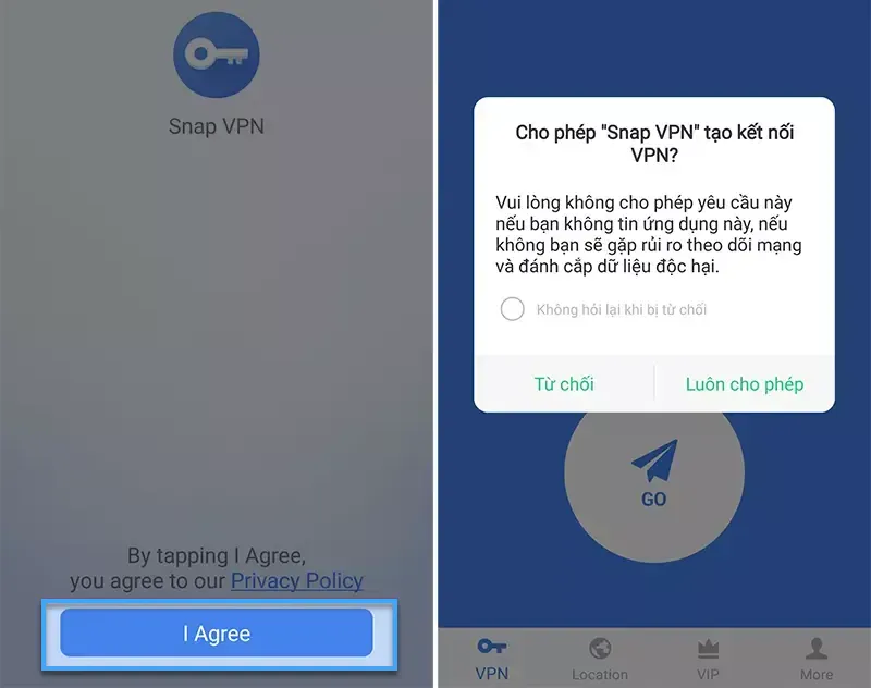 Màn hình cấp quyền truy cập VPN khi cài đặt ứng dụng Snap VPN trên thiết bị Android