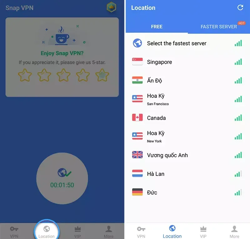 Giao diện Snap VPN hiển thị danh sách các máy chủ VPN theo quốc gia có thể thay đổi