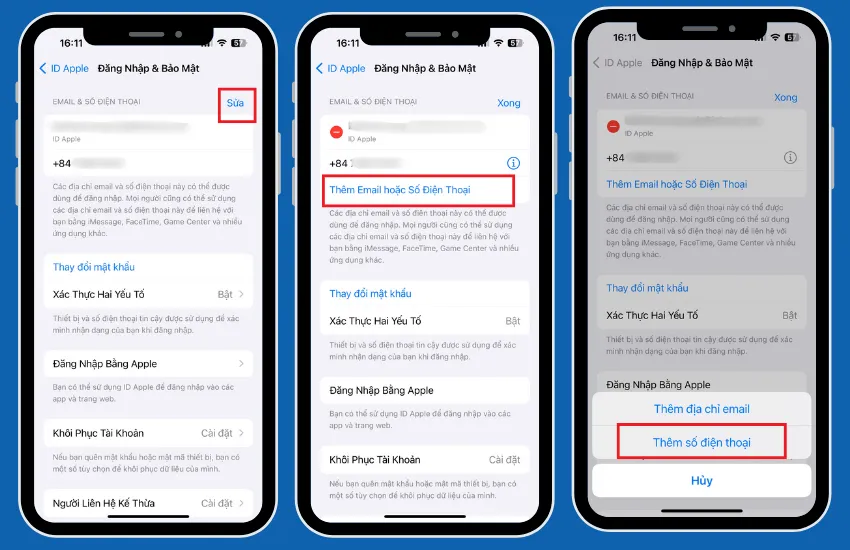 Giao diện thêm số điện thoại tin cậy cho tài khoản icloud trên máy tính