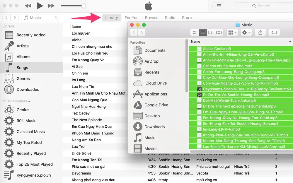 kéo thả tệp video hoặc nhạc vào thư viện iTunes để chuẩn bị đồng bộ hóa