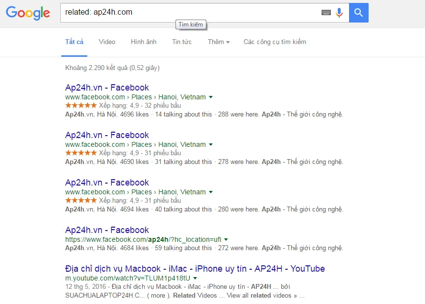 Ảnh minh họa tìm kiếm các trang có nội dung tương tự (related:URL), áp dụng để tìm hướng dẫn tối ưu hóa Outlook 2010