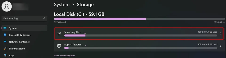 Cách truy cập mục Temporary files để tìm và xóa các tập tin rác nhằm tối ưu hóa máy tính.