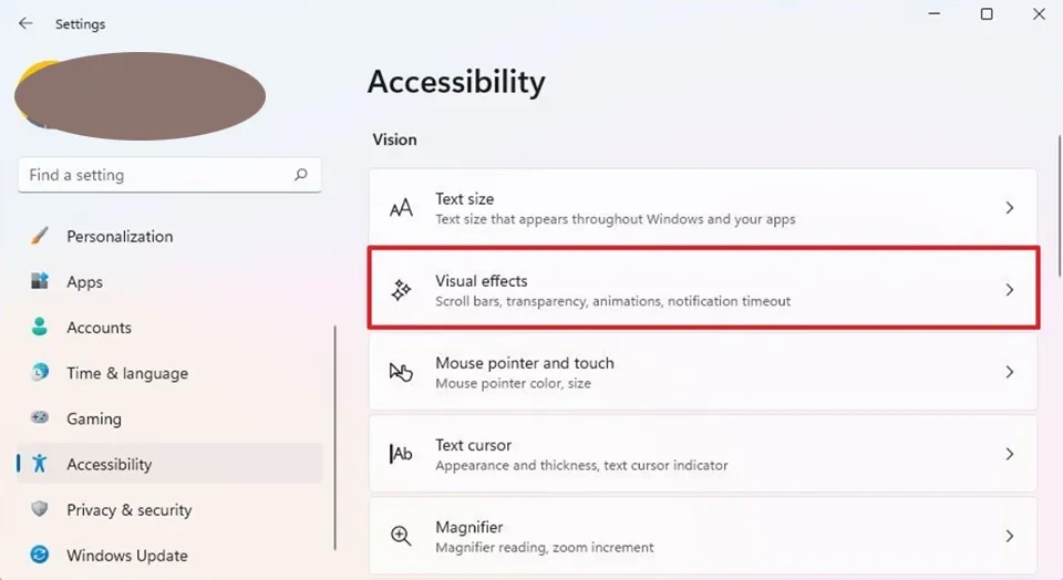 Menu cài đặt Visual effects trong Windows để điều chỉnh hiệu ứng thị giác nhằm tăng tốc độ máy tính.