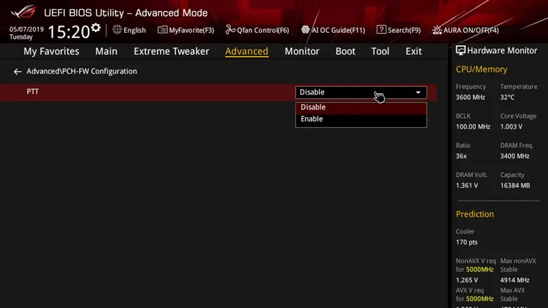 Giao diện BIOS/UEFI trên máy tính Intel để kích hoạt PTT và Trusted Computing