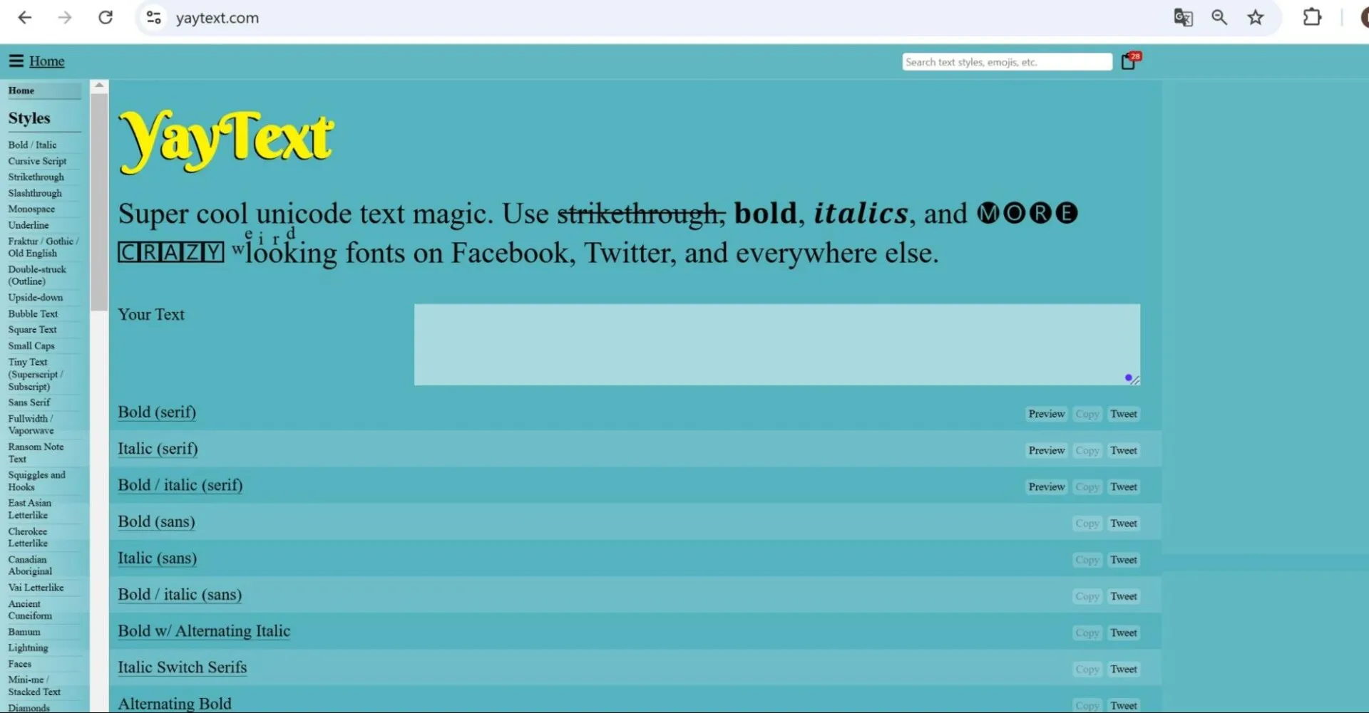 Giao diện công cụ YayText để chuyển đổi và in chữ với nhiều font