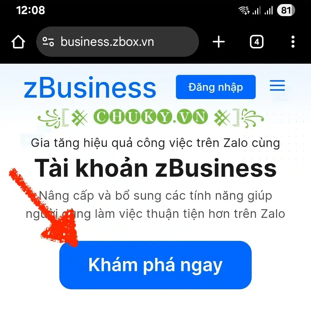 Giao diện truy cập Zalo Business chính thức trên trình duyệt máy tính.