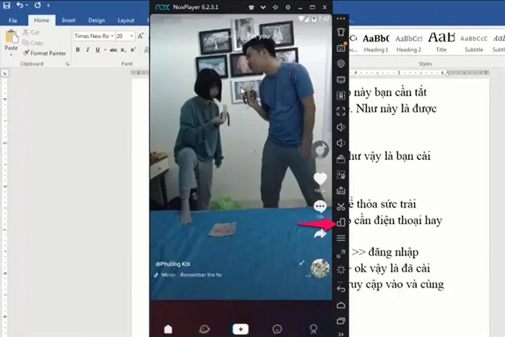 Các tùy chọn xoay màn hình và thu phóng trong ứng dụng giả lập NoxPlayer khi dùng TikTok trên PC.