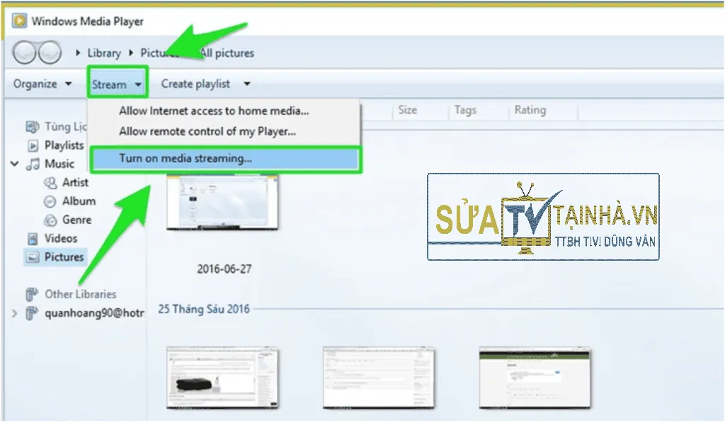 chọn Turn on media streaming để bật tính năng chia sẻ