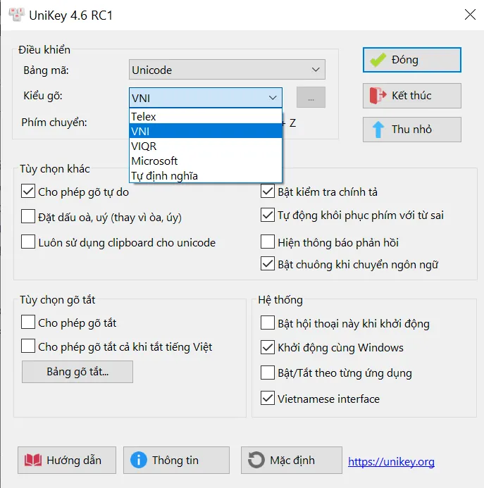 Cửa sổ bảng điều khiển unikey, chọn kiểu gõ Telex hoặc VNI sau khi tải unikey trên máy tính