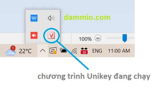 Biểu tượng unikey ở khay hệ thống (System Tray) hiển thị chữ V, xác nhận cách tải unikey trên máy tính đã thành công và đang hoạt động