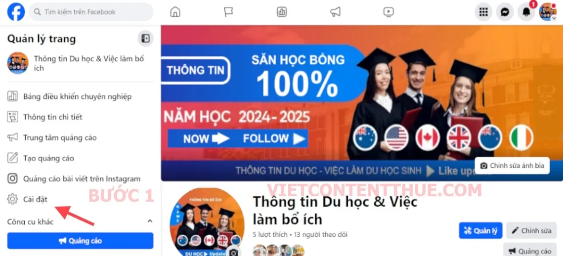 Vao cai dat de xoa fanpage
