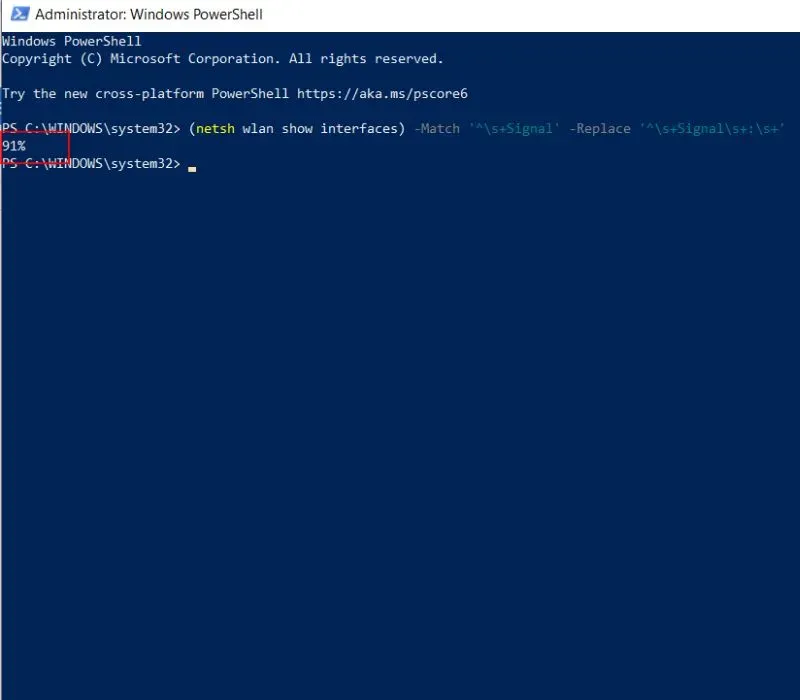 Kết quả từ lệnh PowerShell hiển thị cường độ tín hiệu và tốc độ kết nối của mạng Wi-Fi