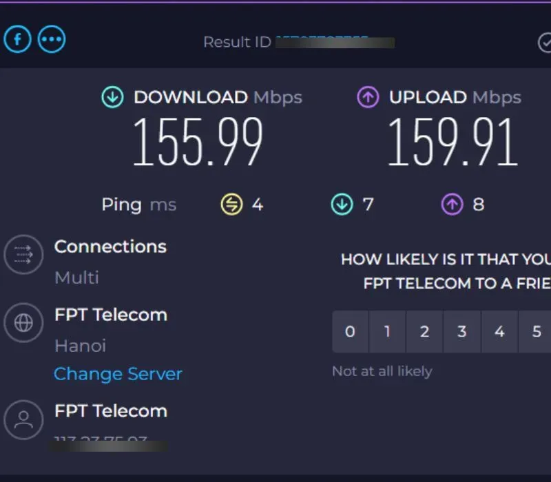 Kết quả chi tiết các thông số Ping, tốc độ Upload và Download khi kiểm tra mạng wifi trên máy tính