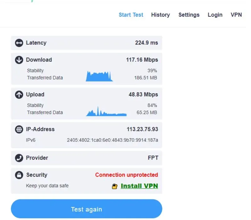 Xem kết quả đo tốc độ mạng từ Speedcheck, bao gồm độ trễ và thông tin nhà cung cấp