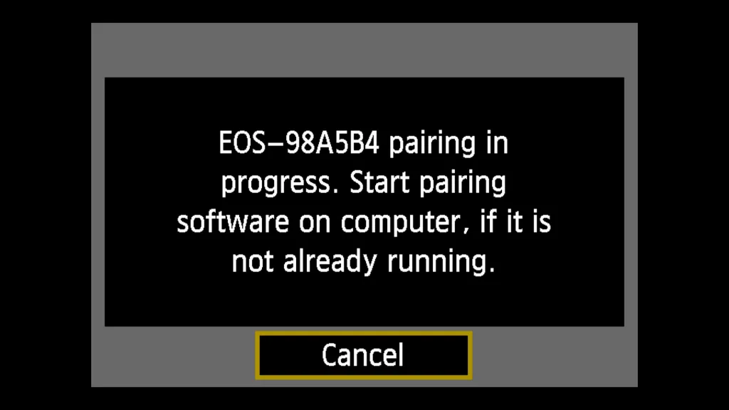 Thông báo máy ảnh đang chờ đợi kết nối từ máy tính trên mạng Wi-Fi nội bộ