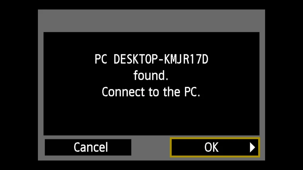 Thông báo xác nhận trên máy ảnh đã tìm thấy và kết nối thành công với máy tính