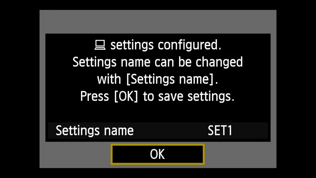 Màn hình cài đặt cuối cùng trên máy ảnh, nhấn OK để hoàn tất kết nối máy ảnh canon với máy tính