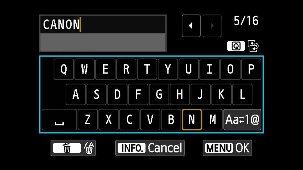 Đặt tên máy ảnh là Canon, sau đó nhấn Menu để tiếp tục quá trình cấu hình kết nối