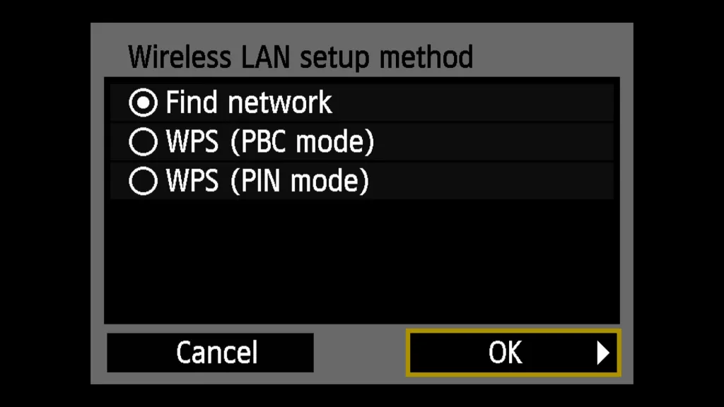 Chọn phương pháp Find network để máy ảnh bắt đầu quét tìm mạng Wi-Fi đang khả dụng