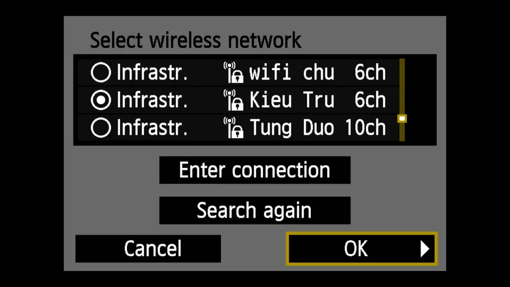 Lựa chọn mạng Wi-Fi cục bộ mà máy tính đang sử dụng để kết nối máy ảnh Canon