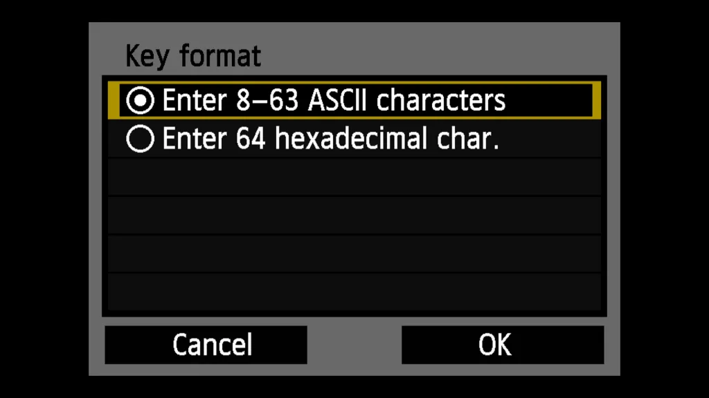 Chọn tùy chọn nhập mật khẩu Wi-Fi bằng bàn phím ảo trên màn hình máy ảnh Canon