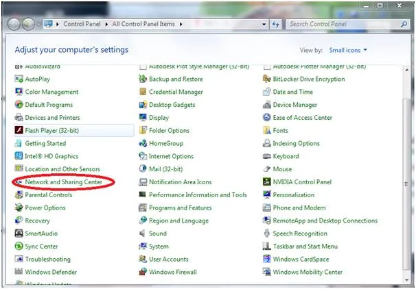 alt: Giao diện Control Panel và Network and Sharing Center trên Windows 7, thiết lập các kết nối mạng và thiết bị