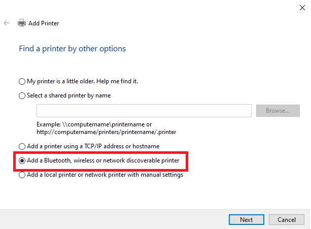 Hộp thoại thêm máy in mạng hoặc máy in không dây trên máy tính chạy hệ điều hành Windows