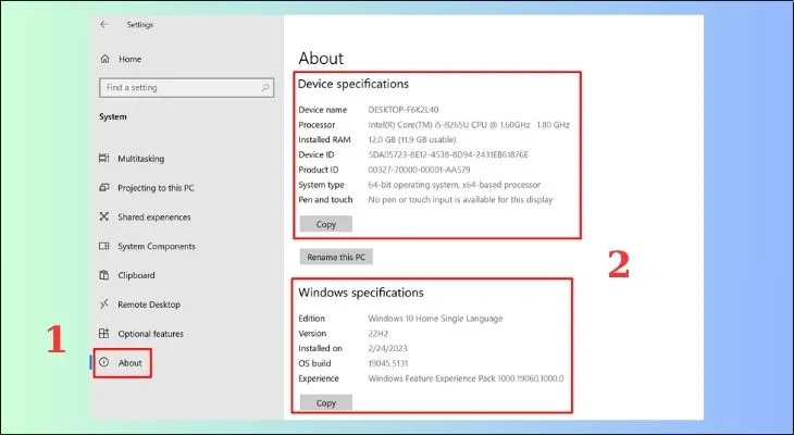 Truy cập mục About trong System Settings để kiểm tra phiên bản Windows, CPU và dung lượng RAM cơ bản