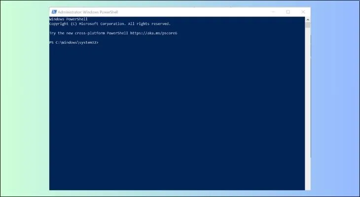 Giao diện PowerShell màu xanh hiển thị sẵn sàng cho việc nhập lệnh