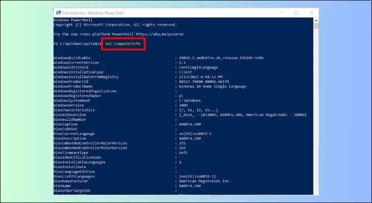 Thực thi lệnh Get-ComputerInfo trong PowerShell để xem thông tin cấu hình máy tính chi tiết