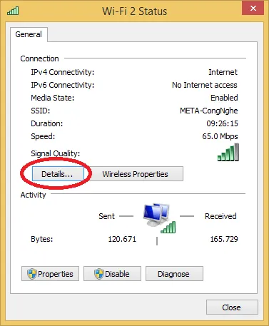 Nhấp Chi Tiết (Details) Trong Cửa Sổ Trạng Thái Kết Nối Mạng Để Xem Địa Chỉ IPv4