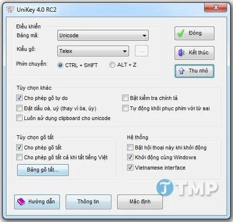 Hình ảnh minh họa giao diện cài đặt Bảng Mã và Kiểu Gõ trong Unikey để soạn thảo tiếng Việt có dấu