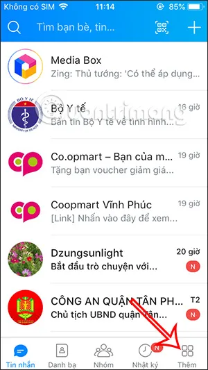 Màn hình Zalo Mobile, chọn mục Thêm để truy cập cài đặt cá nhân