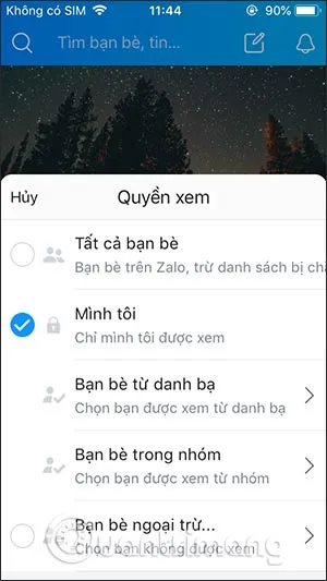Thiết lập quyền xem bài viết Nhật ký thành "Mình tôi" để ẩn avatar Zalo