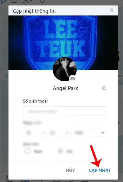 Xác nhận và nhấn Cập nhật để lưu ảnh đại diện Zalo mới sau khi chọn tệp
